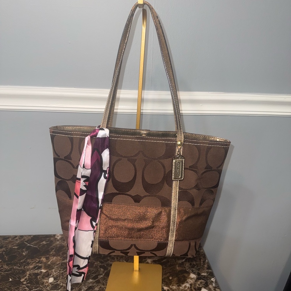 COACH Signature Stripe Tote Bag Brown Canvas Metallic Copper Trim Handbag - Picture 12 of 13